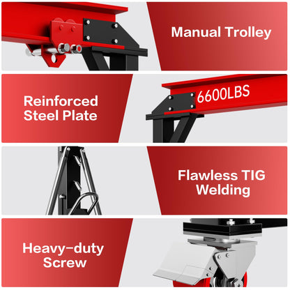 LDHTHOPI 3 Ton Gantry Crane, 6600LBS Adjustable Gantry Crane with 8.53-12.47ft Height, Shop Lift Hoist with Manual Trolley, Hook & Shackles for Warehouse, Factory,Auto Repair & Construction, Red