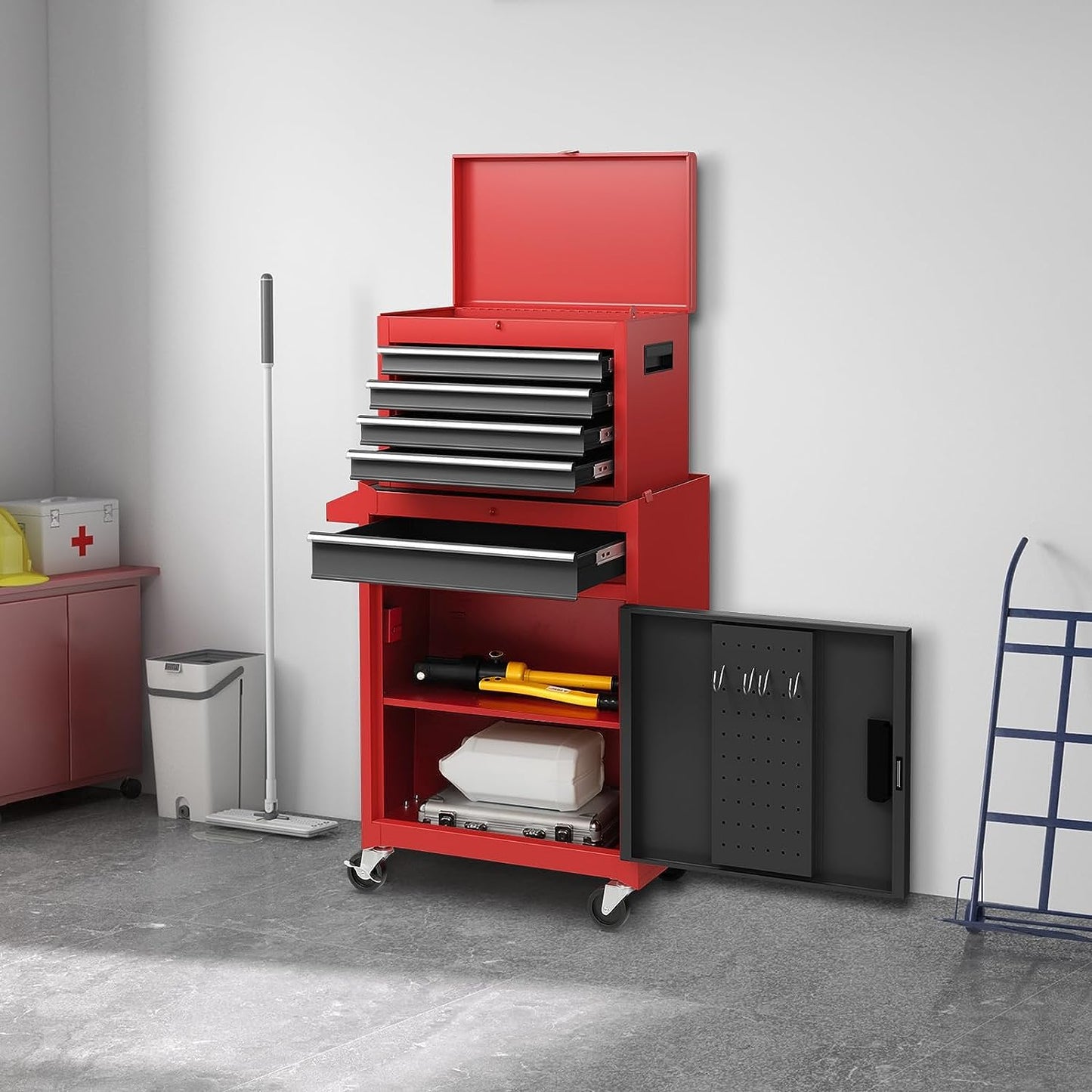 Goplus Rolling Tool Chest, 5-Drawer Tool Box Organizer w/Lockable Wheels & Sliding Drawers & Detachable Top & Adjustable Shelf, Tool Storage Cabinet for Garage Workshop (Red+Black)