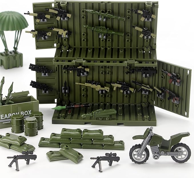 Military Weapons Pack with Shipping Cargo Container Army Equipment Helmet Armor 325Pcs Various of Military Accessories Building Block Toy Compatible with Major Brands Soldier Figures (Jungle Green)