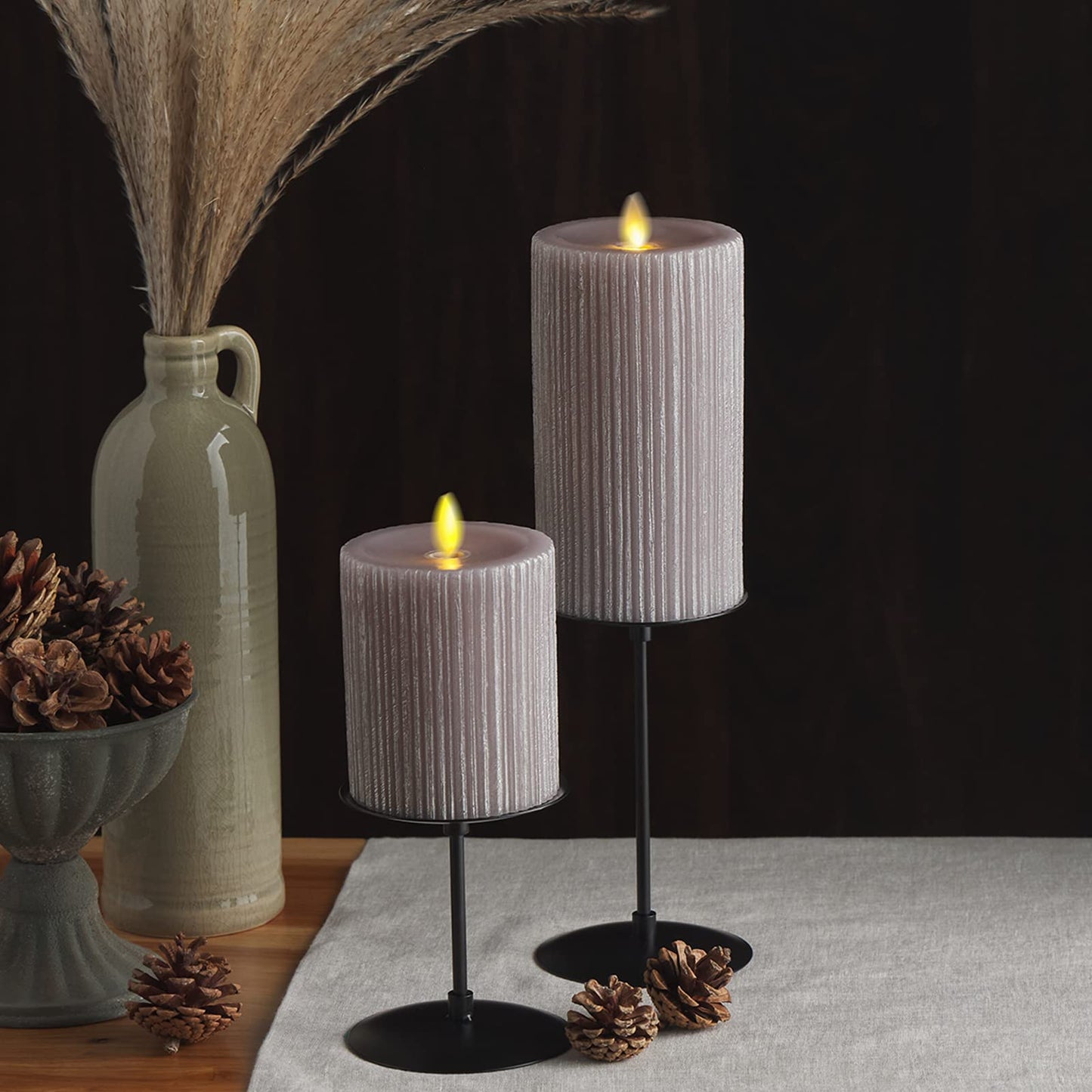 Luminara Metallic Embossed Pillar, Grey Flameless LED Candle 3.25" x 6.5", Battery Operated Real Flame Technology w/Timer Function, Paraffin Wax