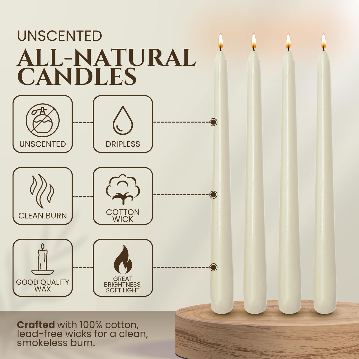 Axiom Candles - 10 Inch Dripless - Ivory Taper Candle Smokeless Tall Candle Sticks - 9 Hour Burn Time - Tapered Candles for Home, Dinners, Weddings, Parties (Unscented Pack of 10)