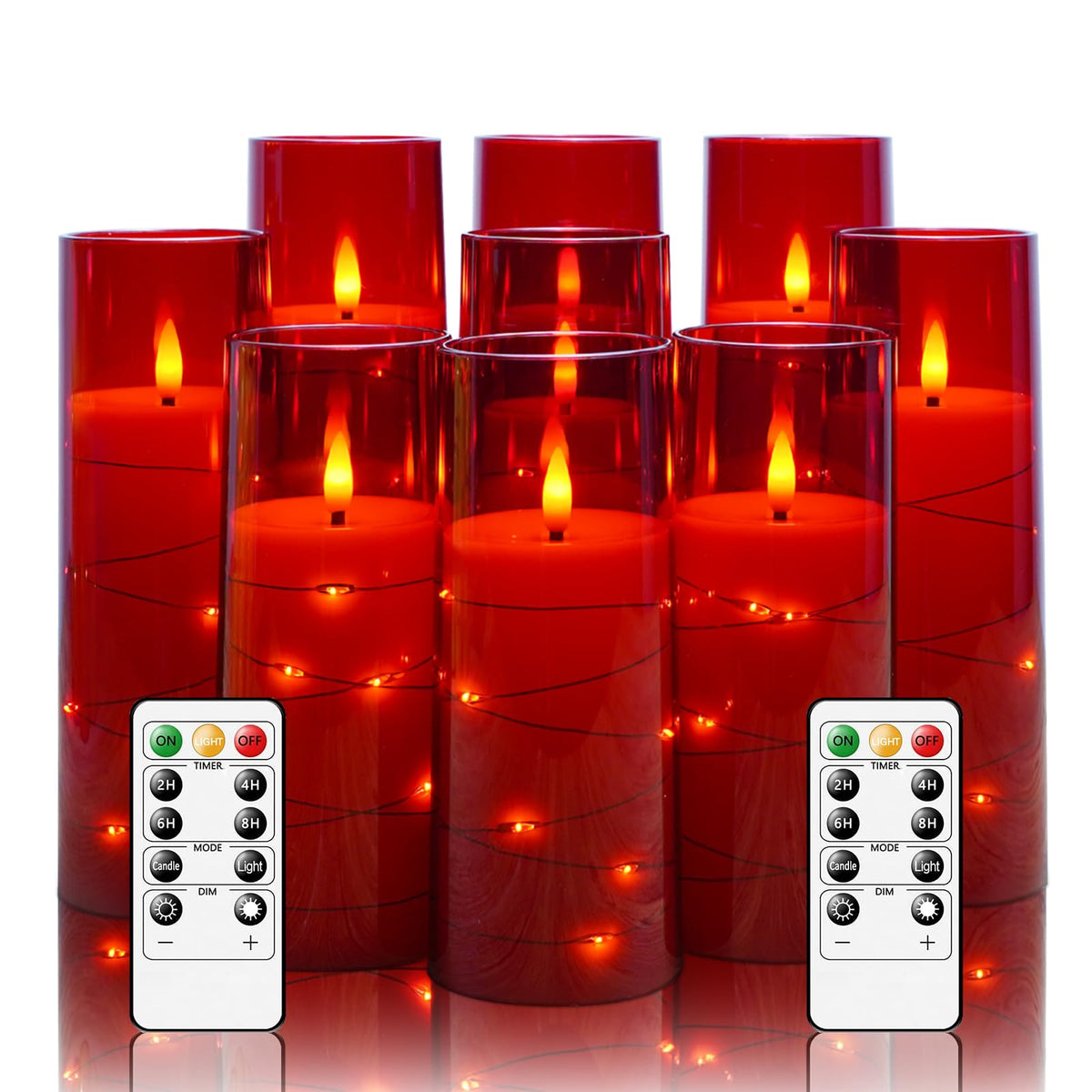 kakoya Flameless LED Candles with Timer 9 Pc Flickering Flameless Candles for Romantic Ambiance and Home Decoration Stable Acrylic Shell,with Embedded Star String，Battery Operated Candles（Red）