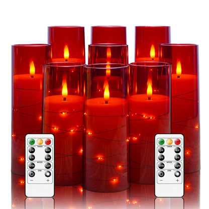 kakoya Flameless LED Candles with Timer 9 Pc Flickering Flameless Candles for Romantic Ambiance and Home Decoration Stable Acrylic Shell,with Embedded Star String，Battery Operated Candles（Red）