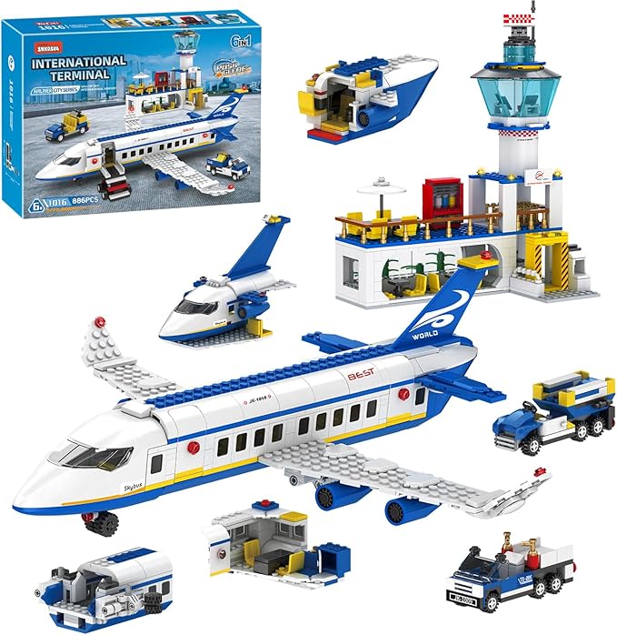 City Passenger Airplane Building Set 886 Pcs STEM 6 in 1 Airport Passenger Plane Building Block Toy with Terminal Shuttle BusLuggage CartChristmas Birthday Gifts for Boys Girls Ages 6-12+