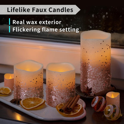 FURORA LIGHTING Pink Glitter Flameless Candles - Real Wax, Adjustable Brightness, Remote & Timer - 4 Pillars (3x4, 3x6) and 4 Votives, 8-Pack, Battery Operated