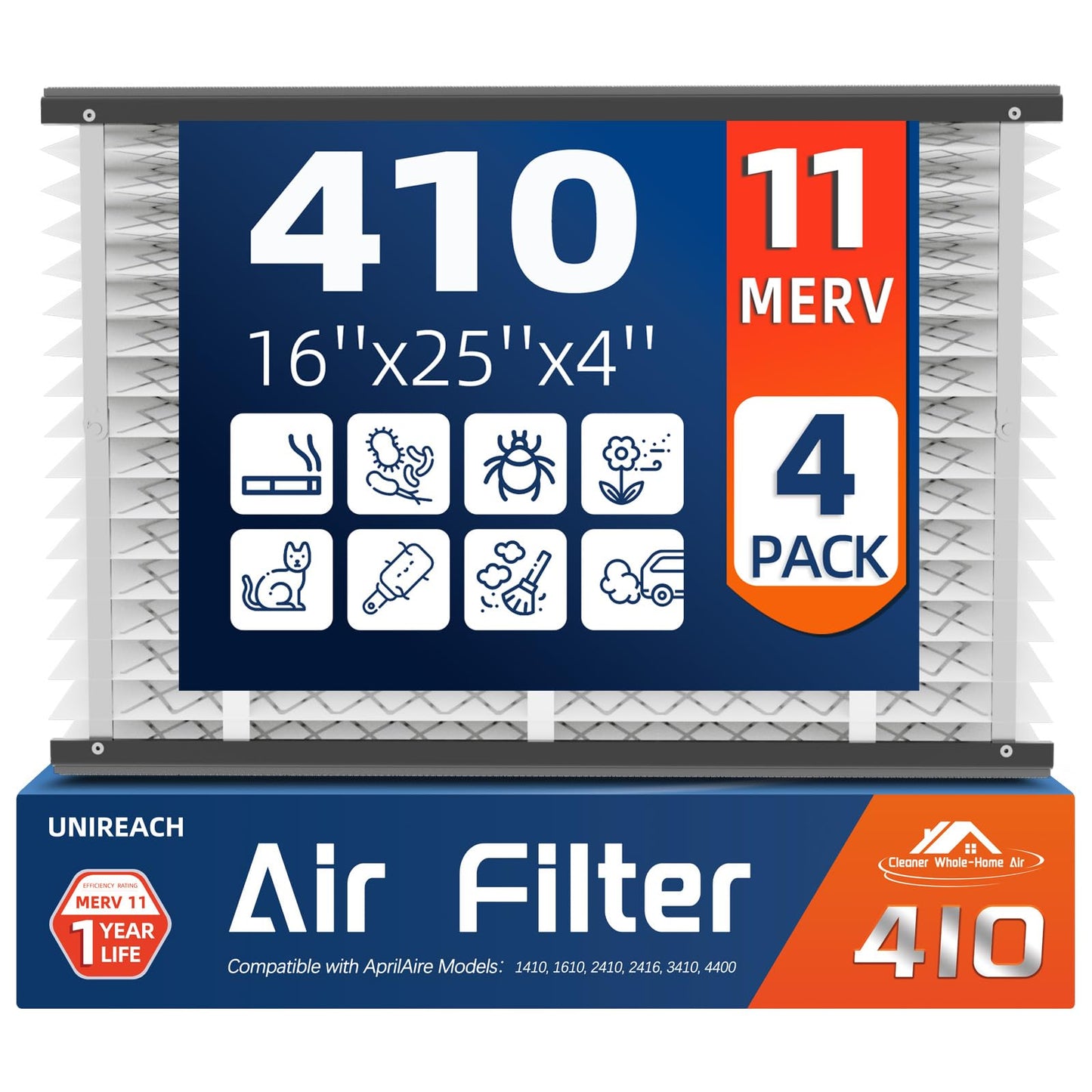 4 Pack, 410 Replacement Air Filter, MERV 11,Actual Size: 16"x28"x4", Nominal Size: 16x25x4, HVAC Furnace Filter, Compatible with AprilAire Models 4400, 3410, 2416, 2410, 1610, 1410