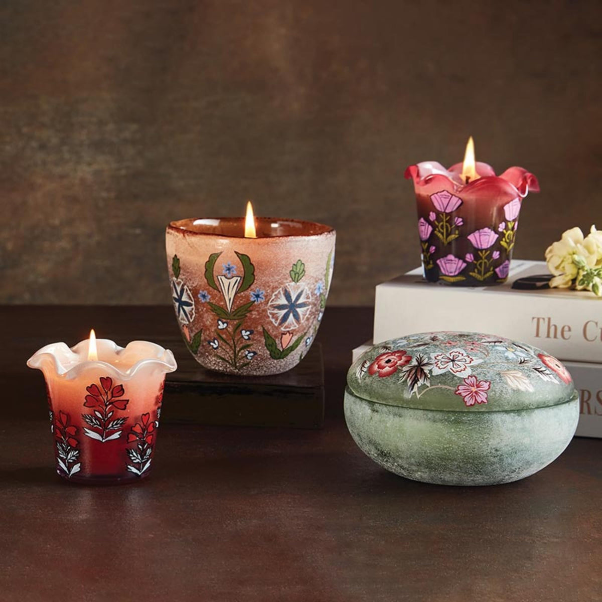 47th & Main Scented Candles Hand-Painted Floral Glass Candle, 3.25" Dia x 3" H, Pomegranate