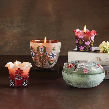 47th & Main Scented Candles Hand-Painted Floral Orange Glass Candle, 4" Dia x 3.5" H, Fresh Balsam & Cedarwood
