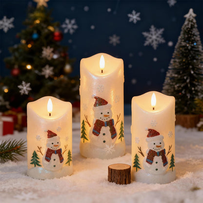 DRomance Snowman Flameless Candles Battery Operated with Remote and Timer Real Wax 3D Wick Flickering LED Pillar Candles Color Painted Carved Snowflake Christmas Holiday Decor(3" D x 5", 6", 7" H)