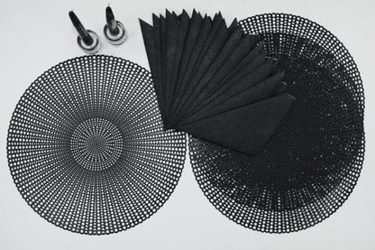 16" Round Placemats (Set of 4), 12 Prefolded 3 ply Napkins, 2 Matching Taper Candles, 2 Glass Candle Holders (Black)