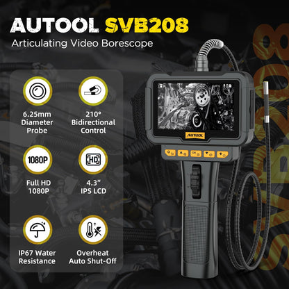 AUTOOL SVB208 Articulating Video Borescope, Endoscope Camera with Light,6.25mm Ultra-Thin Probe,4.3" LCD with 8X Zoom Articulated Camera,IP67 Waterproof Snake Camera for Automotive Engine Inspection
