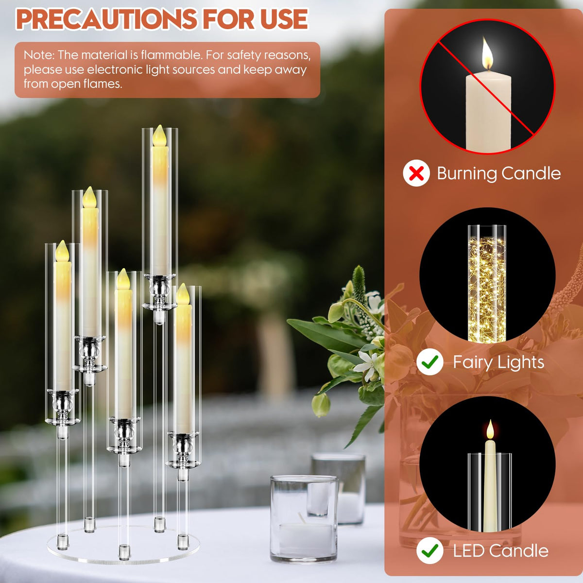 4 Set 5 Arm Acrylic Candle Holder with Candles, Mjkeomo 22.8'' Tall Table Candelabra Centerpiece, Lightweight Candelabra with Lampshades for Fireplace Mantel, Wedding, Housewarming Gift