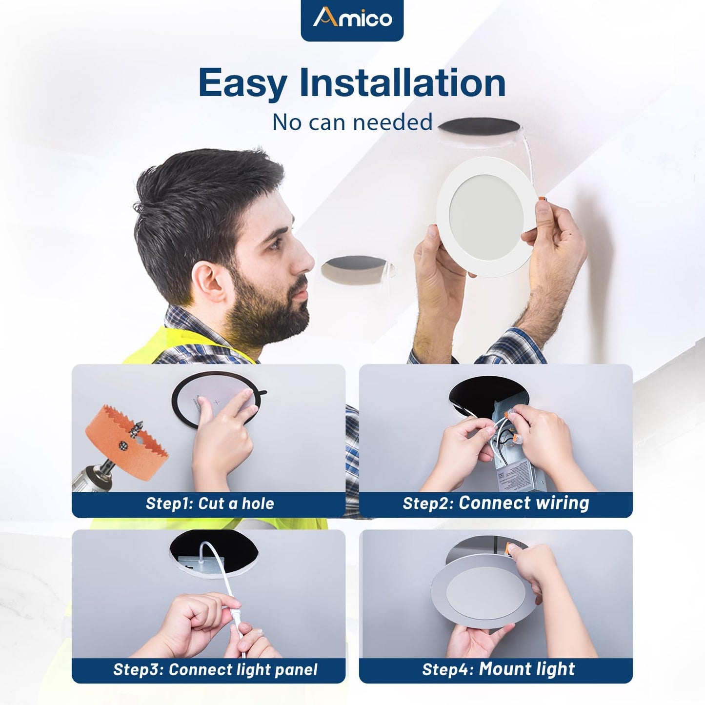 Amico 4 Pack 5 Inch 5CCT Ultra-Thin LED Canless Recessed Ceiling Light with Junction Box, 2700K/3000K/3500K/4000K/5000K Selectable, 11W=75W, 900LM High Brightness, Dimmable Wafer Downlight-ETL&FCC
