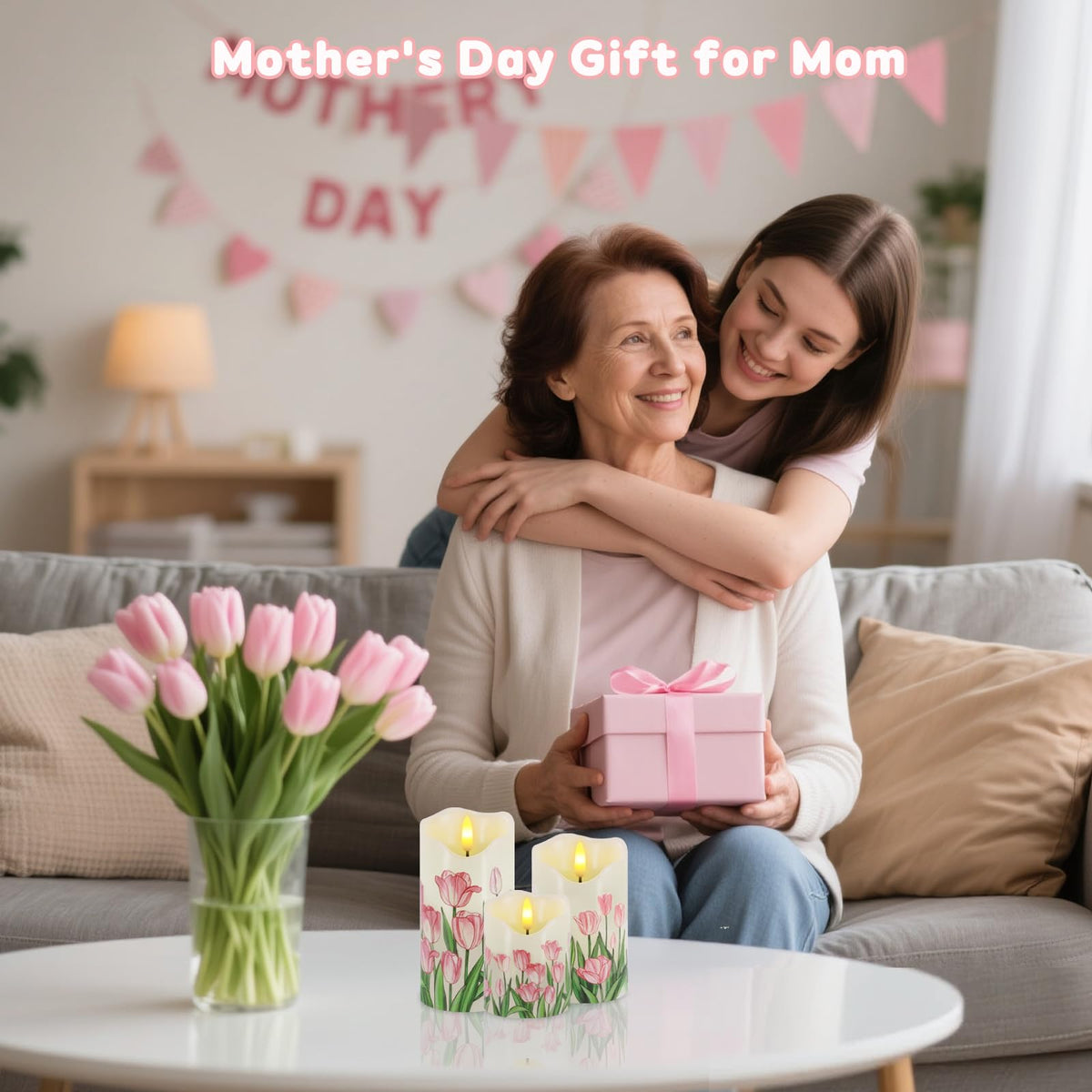 VEEKI Flameless Candles Light, Set of 3 Flickering Tulip Pillar Candles with Remote & Timer, Dimmable Real Wax Electric LED Candles Battery Operated, Mother's Day Birthday Gift for Mom Grandma Women