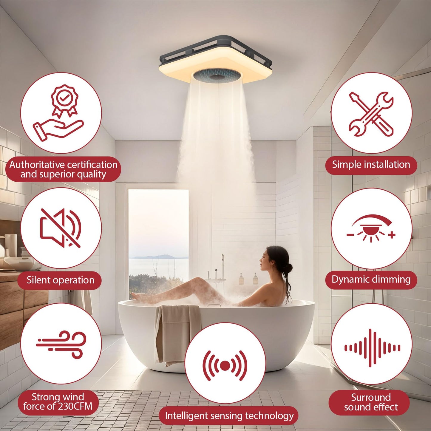Bathroom Exhaust Fan with Bluetooth Speaker, Bathroom Fan Light, 230 CFM 1.0 Sone, Strong Wind Force & Very Quiet, Noise-cancelling Bluetooth speakers, 7 color dynamic lighting, Play Easy Install