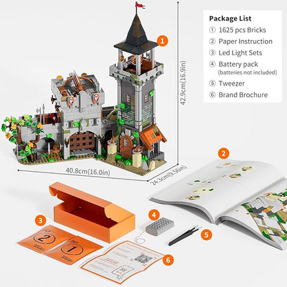 FUNWHOLE Medieval Watchtower Lighting Building-Bricks Set - Guardiance Castle with Soldier Farmer Minifigures Collectible Display Set 1625 Pcs for Adults and Teen