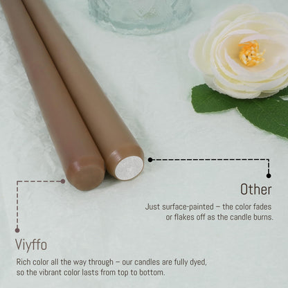 Viyffo 10-Inch Taper Candles, 12-Pack – Smokeless & Unscented Long Burning Taper Candlesticks, Hand-Poured Candles for Home Décor, Weddings & Dinner, Brown