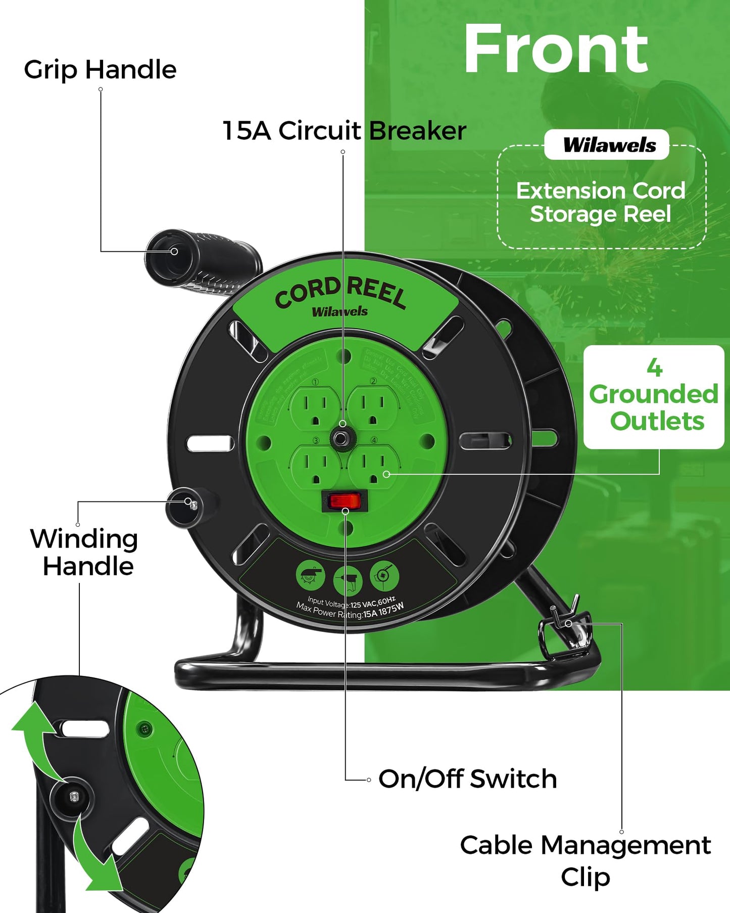 WILAWELS Extension Cord Storage Reel with 4-Grounded Outlets and 80 FT Retractable Extension Cord Reel Bundle, for Indoor Outdoor Use J95CR06-U80ACR06