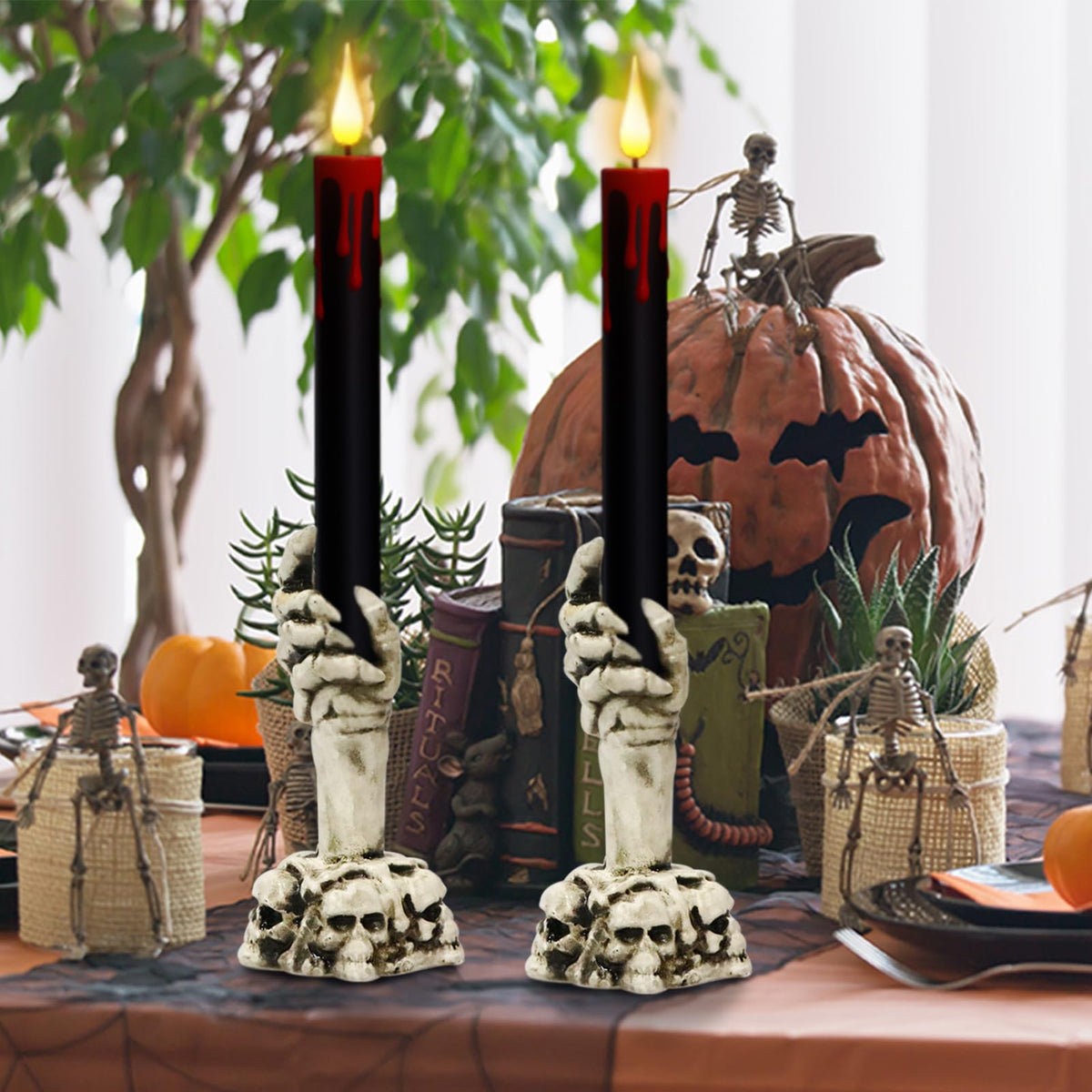 Eldnacele Halloween Flameless Taper Candle Lights Battery Operated with Remote and Timer, 2 Pack Skeleton Hand Holders Black Dripping Wax Effect LED Flickering Candles Home Decor(3” x 12”)