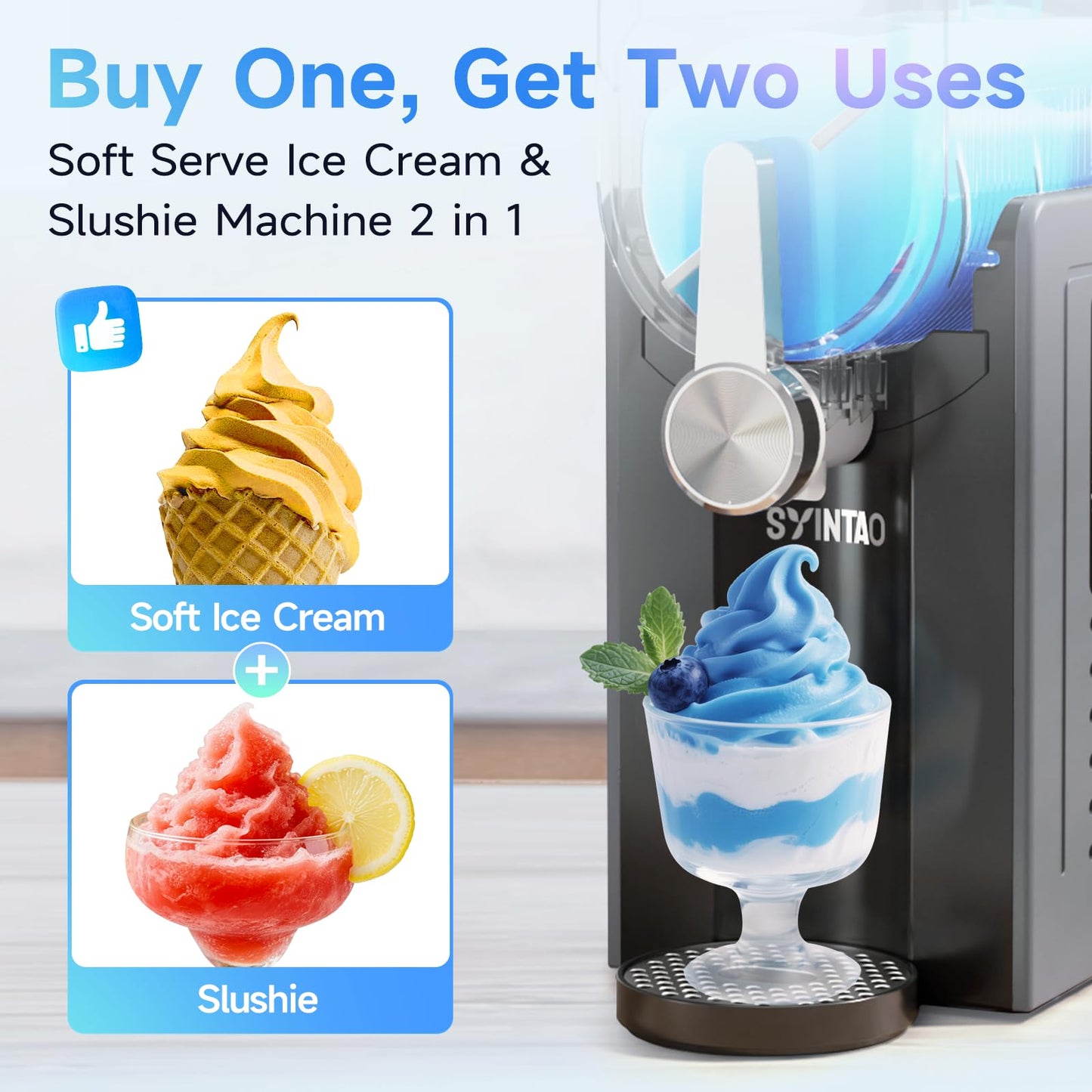 SYINTAO 2-in-1 Slushie & Soft Serve Ice Cream Maker, No-Ice-Needed Frozen Drink Machine with LED Display, 6 Preset Modes, Auto-Clean & Delay Timer – Gift for Family