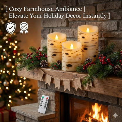 Comenzar Flameless Candles Birch Bark Texture, Flickering Flame Battery Operated LED Candles, Electric Plastic Candles with Remote Timer for Home Decor, Rustic Wedding Centerpiece, Gift Set of 3