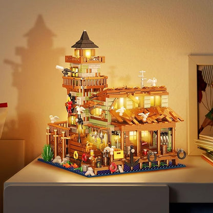 1881PCS Fishing Village Wood Cabin mini Building Blocks Toys with Led LightingCreative Ideals Fishing House Building Sets Best Choice for 6+ Boys Girls or Adults(Not Compatible with Lego)