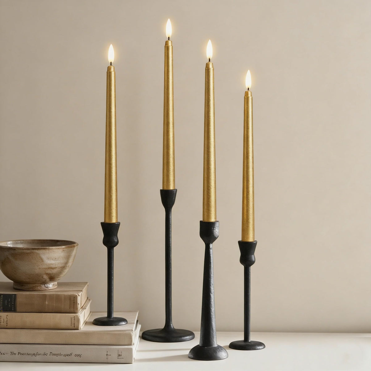 Ni-JASW Gold Flameless Taper Candles with Remote, Flickering LED Candlesticks Battery Operated Home Candle Decor Set of 12