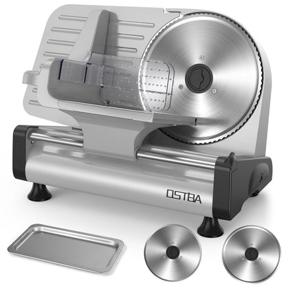 OSTBA Electric Meat Slicer with 200W DC Motor, 2 Removable 8.7” Stainless Steel Blades, Adjustable Thickness 0–15mm, Food Tray & Hand Grip, Commercial Deli Food Slicer for Meat, Cheese, Bread, Veggies