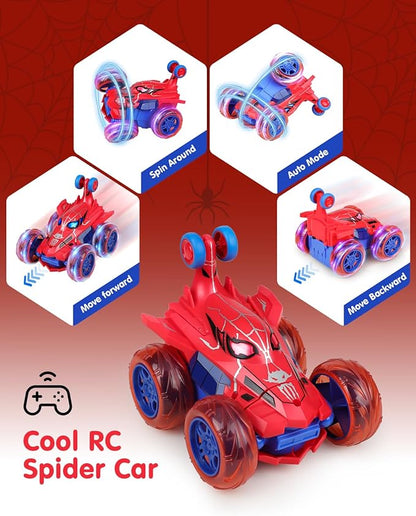 Spider RC Car for Kids – 4WD Remote Control Stunt Car with 360° Flip Fast Monster Crawler Toy with Light-Up Wheels – Rechargeable RC Vehicle Gift for Boys Ages 3-12