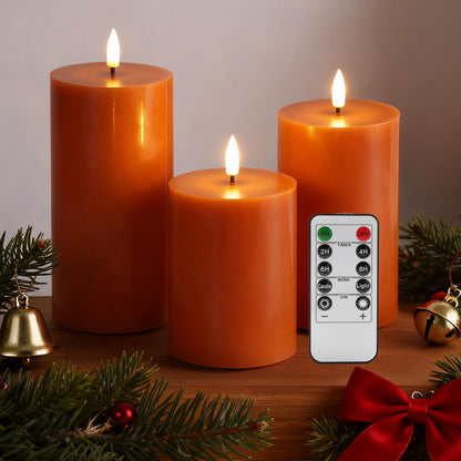 Girimax Burnt Orange Flameless Pillar Candles with Remote, Flickering LED Wax Candles Battery Operated Set of 3