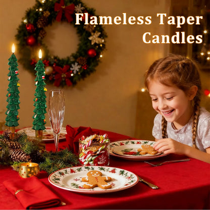 AVEKI Christmas Tree Flameless Taper Candles with Remote, 2 Pcs LED Christmas Tree Candles Real Wax with 3D Flame, 9.7" Battery Operated LED Candlesticks for Home Fireplace Christmas Decor (2 PCS)