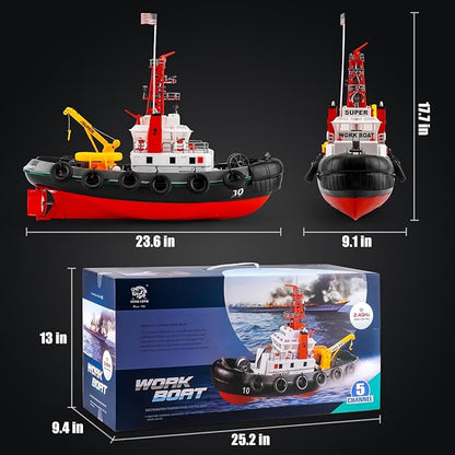RC Boat HengLong 2.4GHZ US Fire Rescure Boat Remote Control FireBoat Water Spray with 2 Rechargeable Batteries Swimming Pool Lake for Age 14+