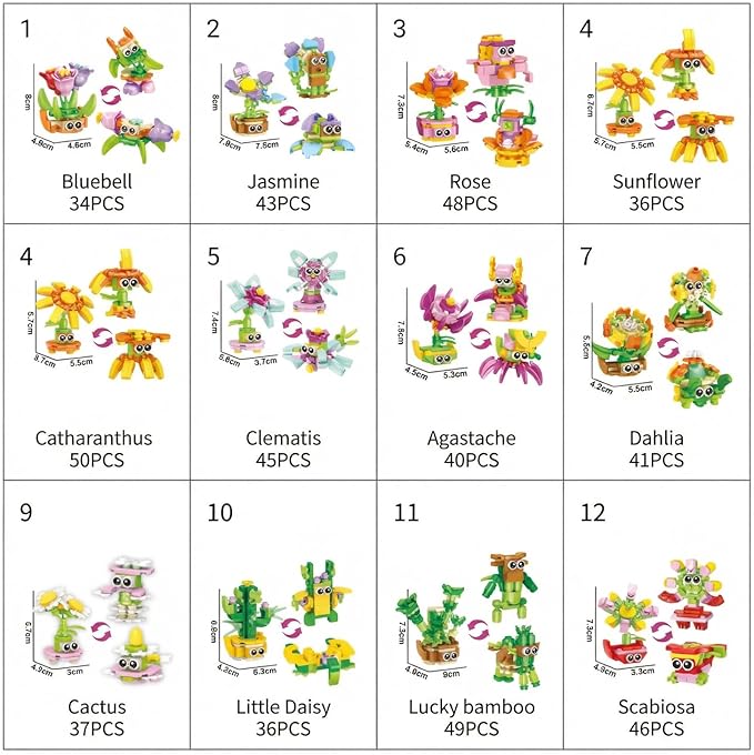12-in-1 Flower Building Set Botanical Collection Floral Decor Kit Creative STEM Toy Christmas Birthday Easter Gift for Kids Girls Boys 6+ Years Old