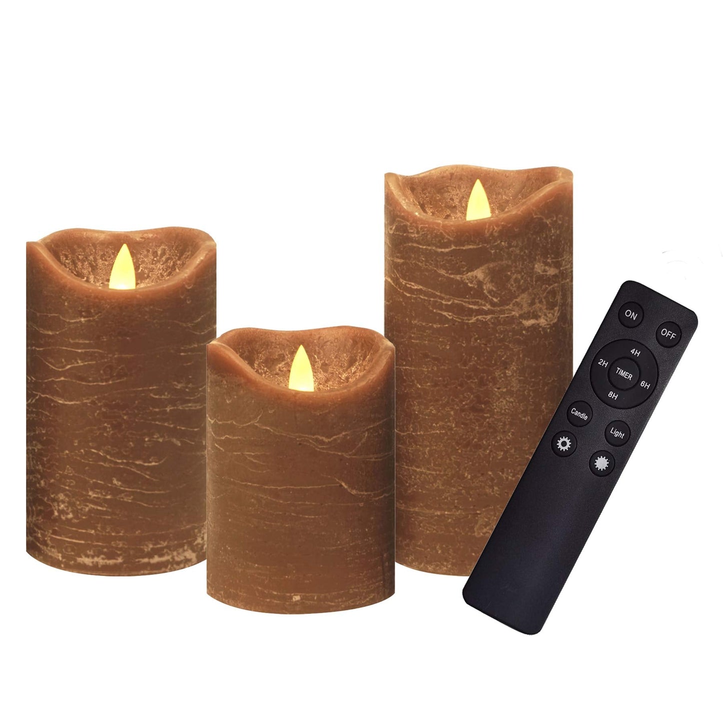 iZAN 3 Pack Real Wax Flameless Candles Battery Operated LED Pillar Flickering Realistic Electric Candle Gift Sets with Remote Control and Cycling 24 Hours Timer 3”D X 4" 5" 6" H (Brown)