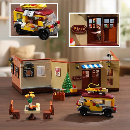 City Street Pizza Restaurant Building Set with Light 1098PCS Pizzeria House Architecture Model with Retro Pizza Van Home Decor Construction Building Block Gift for Adults Teens Boys Girls 10+
