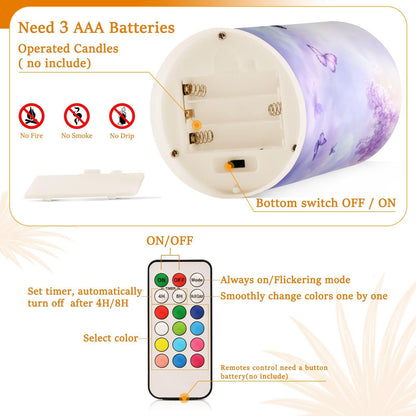 WEVIBOFU Purple Lilac Butterfly Flowers Flickering Flameless Candles LED Battery Operated with Remote Timer Pillar Candles for Home Birthday Wedding Christmas Decor, Set of 2