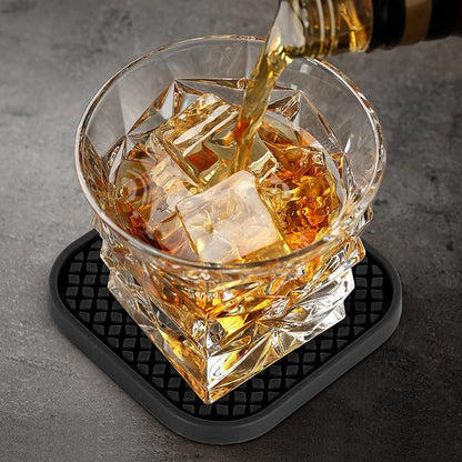 ME.FAN Silicone Coasters with Holder [6 Pack] Square Drink Cup Mat - Non-Slip, Non-stick, Stay Put, Deep Tray - Prevents Furniture and Tabletop Damages Nave Blue