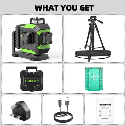 Huepar 360 Laser Level Self-Leveling Cross Line Laser Level 3D Green Beam 197Ft. Laser Tool 67.72" Lightweight Extendable Tripod, Li-ion Battery, Magnetic Base, Hard Carry Case-703CG&T16A