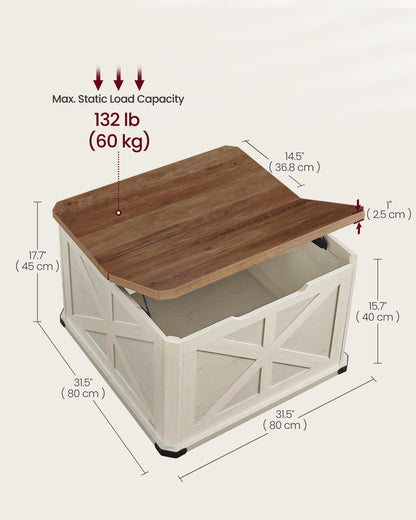 VASAGLE LIRY Collection - Farmhouse Coffee Table with Storage, Square Center Coffee Table for Living Room, with Hidden Compartment, Flip-Top Lids, Honey Brown and Rustic White ULCT232W73
