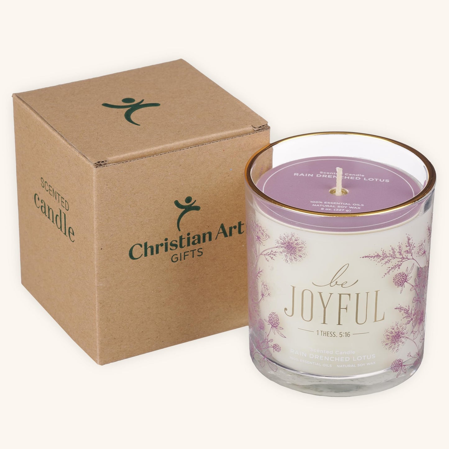 Christian Art Gifts Be Joyful Scented Candle: Soy Wax, Pure Essential Oils, Rain Drenched Lotus Scent, Bible Verse, Floral Design Glass Jar, Encouragement Gift for Women, 40 Hours Burn Time