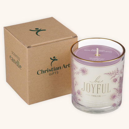 Christian Art Gifts Be Joyful Scented Candle: Soy Wax, Pure Essential Oils, Rain Drenched Lotus Scent, Bible Verse, Floral Design Glass Jar, Encouragement Gift for Women, 40 Hours Burn Time