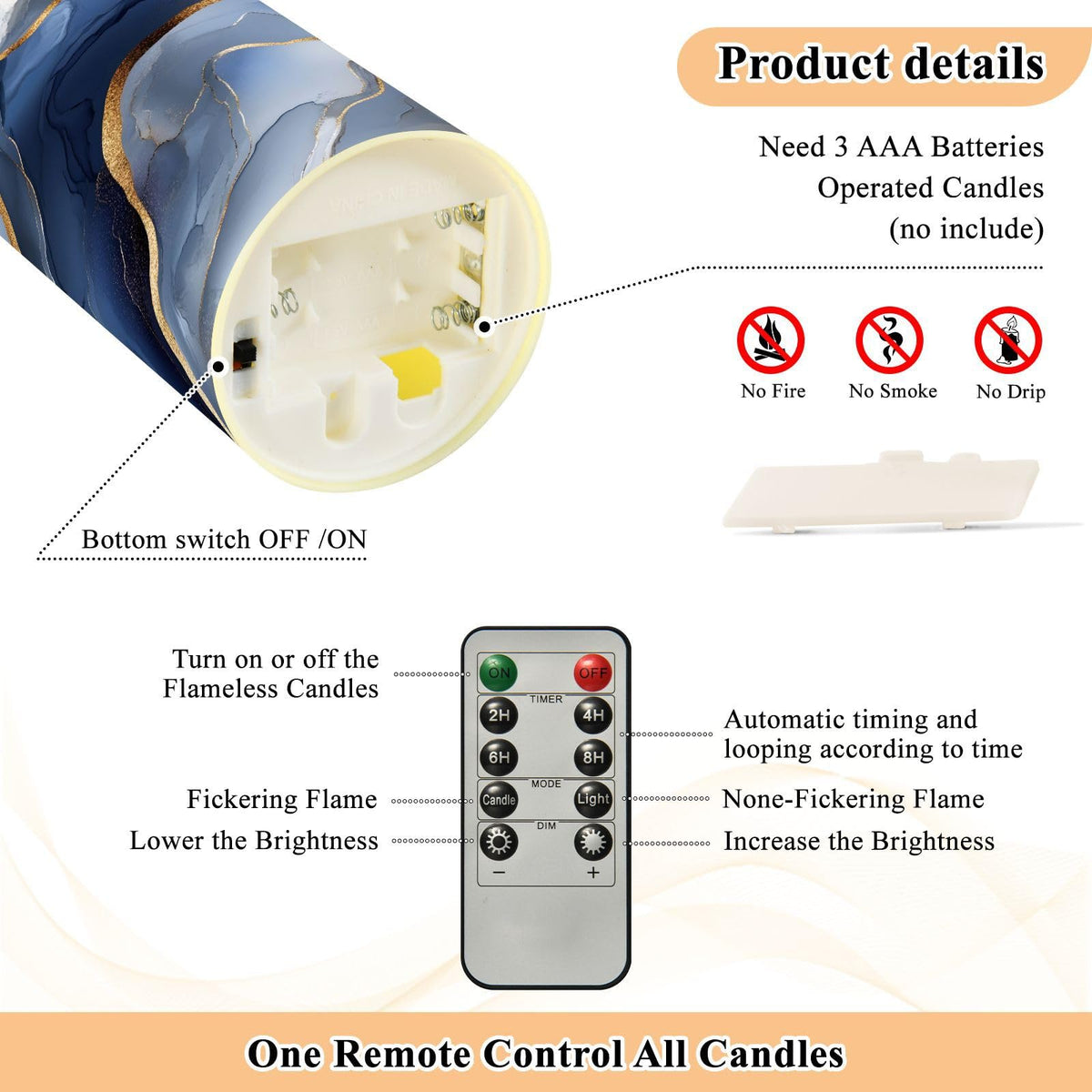 famyily Safe Indoor Decor Fake Candles with Timer 2/4/6/8H Battery Operated Candles for Bathroom Vanity 5.9x3in - Marble Silver Navy Blue