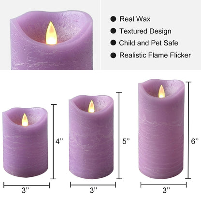 EZiKitchen Real Wax Flameless Candles Set of 3 (D 3" x H 4" 5" 6") Battery Operated LED Candle with Timer Home Decorative Pillar Flickering Lights,Wedding Party Events Decor,Purple