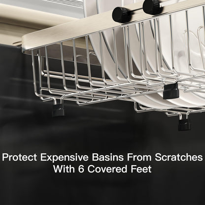 MAJALiS Dish Drying Rack Over The Sink, Expandable Stainless Steel Dish Drainer for Small Kitchen Counter Space Saving, RV Compact Plate Strainer In Silver Metal with Hanging Adjustable Utensil Holder