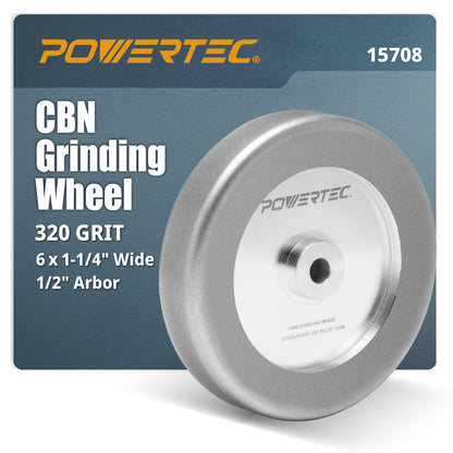 POWERTEC CBN Grinding Wheel 6 Inch 320 Grit, 1-1/4" Wide, 1/2" Arbor – 4-in-1 CBN Sharpening Wheel with 1/4" Radius Edge and Side Face for Bench Grinder (15708)