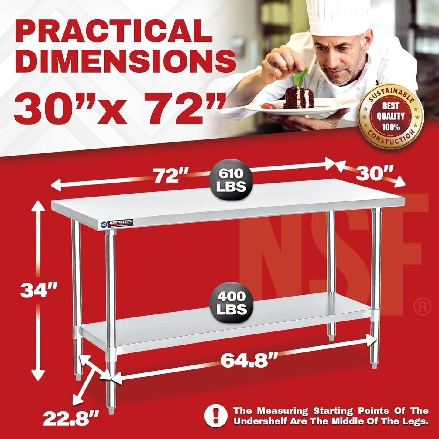 DuraSteel 30x72 Stainless Steel Work Table - NSF Commercial Prep Metal Table - Outdoor Pizza Oven Stand w/Under Shelf - Kitchen Island Laundry Utility Garage Microwave Stand Large Rolling Storage Cart