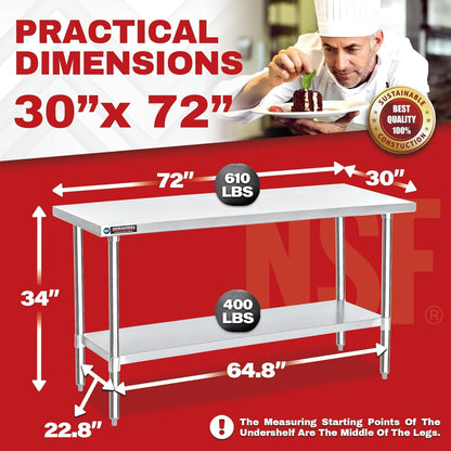 DuraSteel 30x72 Stainless Steel Work Table - NSF Commercial Prep Metal Table - Outdoor Pizza Oven Stand w/Under Shelf - Kitchen Island Laundry Utility Garage Microwave Stand Large Rolling Storage Cart
