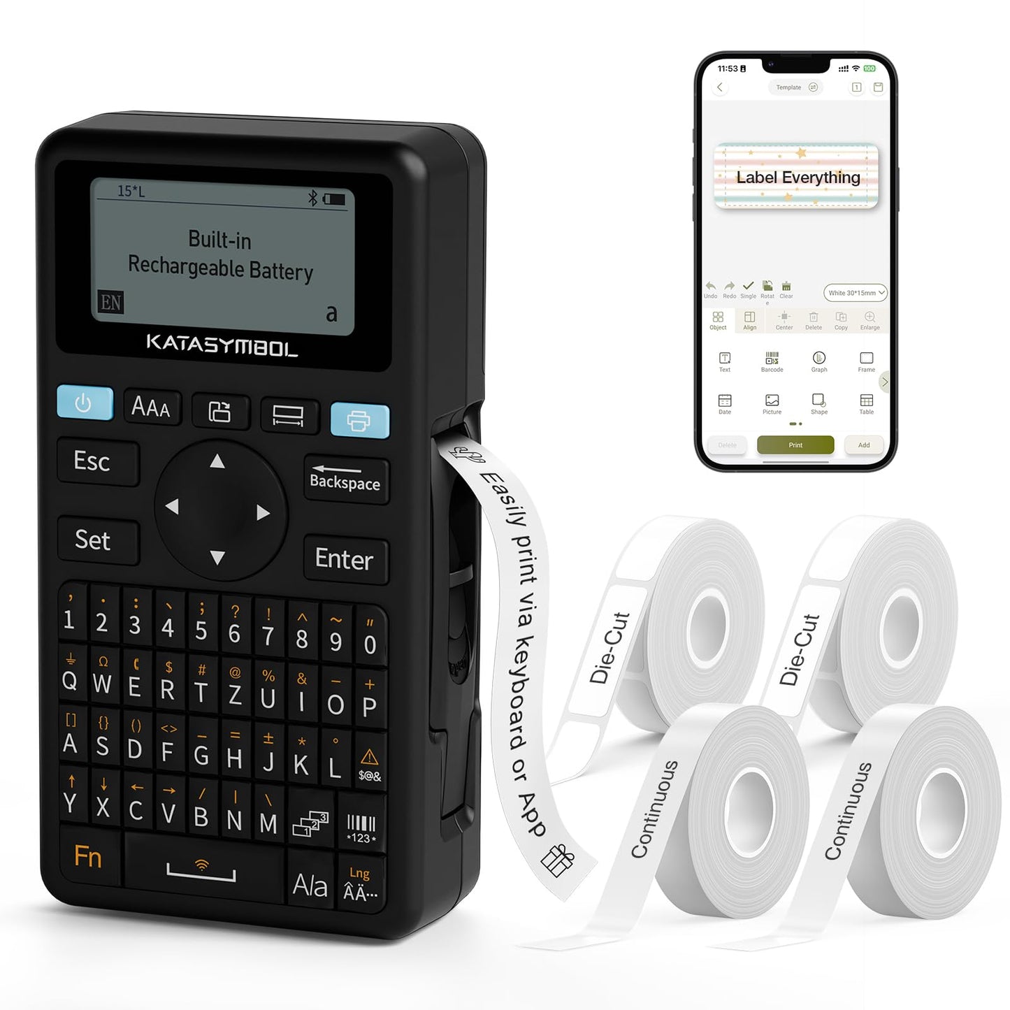 SUPVAN E11 Bluetooth Label Maker Machine with 4 Tapes, Support Keyboard & App with 30+ Fonts and 660+ Icons, Rechargeable Inkless Labeler for Home, Kitchen, Office, School, Organization, Black
