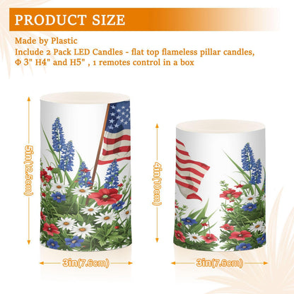 Lights Flameless Candles Wildflowers American Flag Pillar Candles Set of 2 Battery Operated Remote Control Warm Lights Home Decor