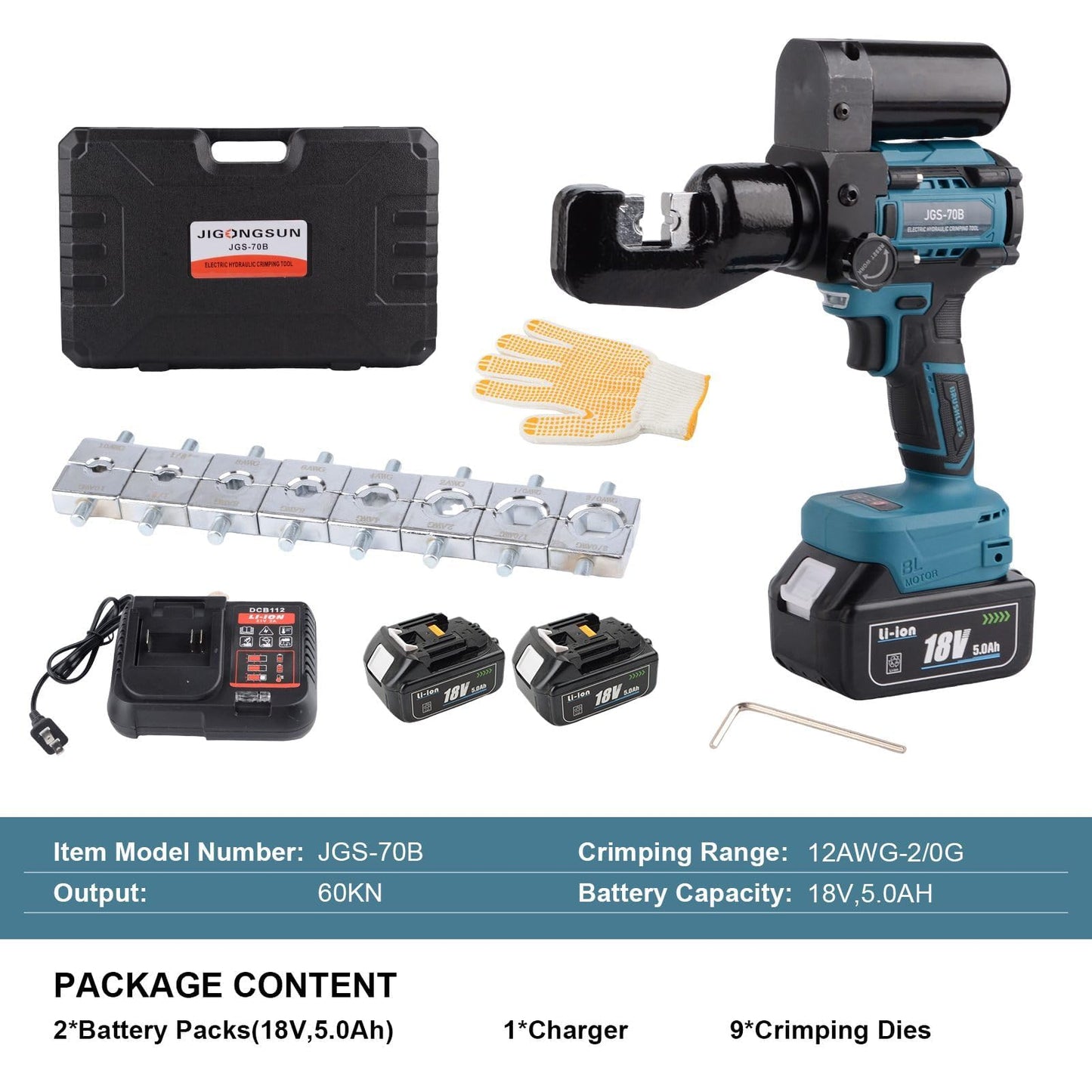 JIGONGSUN Electric Hydraulic Crimping Tool, 8-Ton Hydraulic Battery Cable Crimper Kit with 9 Dies for 12AWG-2/0AWG, for Crimping Lugs
